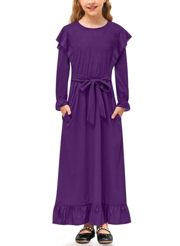 Mädchen Süß Kleid Ruffle Langarm A-Linie Freizeitkleid mit Gürtel und Taschen Violett 140 von BesserBay