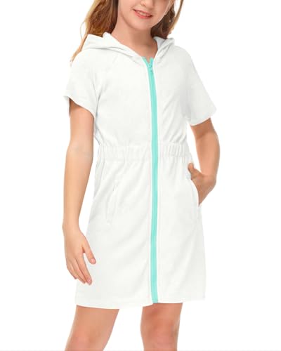 BesserBay Mädchen Handtuch Badeponcho mit Kapuze Taschen Elastischer Bund Zip Unisex Surf Poncho Weiß 130 von BesserBay