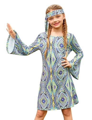 BesserBay Mädchen Hippie 70er Jahre Blau Kleid mit Stirnband 130 von BesserBay