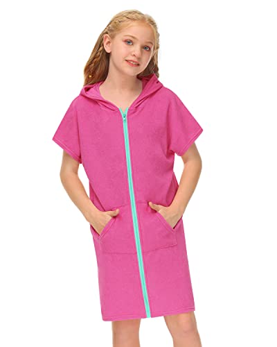 BesserBay Mädchen Badeponcho Kinder Unisex Badeponcho Rosa Reißverschluss Seitentaschen mit Kapuze Surf Poncho 120 von BesserBay