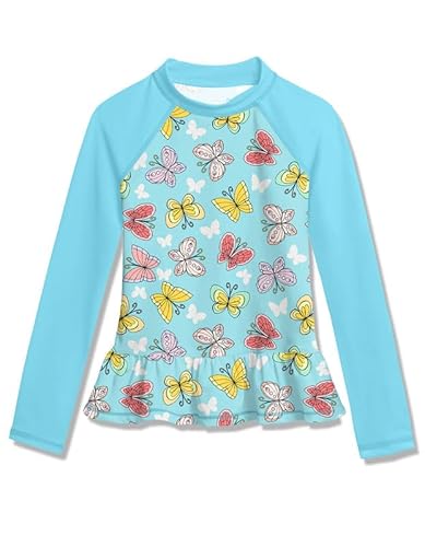 BesserBay Mädchen Kinder Badeshirt UV Shirt Langarm Rüschensaum Blau UPF 50+ Sonnenschutz Rash Guard 150 von BesserBay