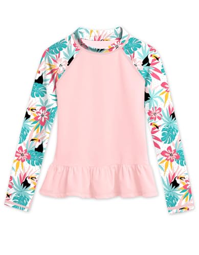 BesserBay Mädchen Kinder Badeshirt UV Shirt Langarm Rüschensaum Rosa UPF 50+ Sonnenschutz Rash Guard 130 von BesserBay