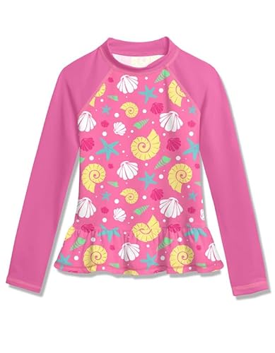 BesserBay Mädchen Kinder Badeshirt UV Shirt UPF 50+ Sonnenschutz Rüschensaum Rosa Langarm Rash Guard 120 von BesserBay