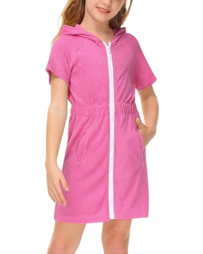BesserBay Mädchen Kinder Unisex Badeponcho Badeponcho Taschen Elastischer Bund mit Kapuze Zip Surf Poncho Rosa 120 von BesserBay