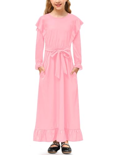 Mädchen Winter Kleid mit Gürtel und Taschen A-Linie Ruffle Langarm Maxikleid Rosa 120 von BesserBay