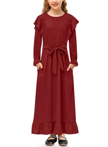 Mädchen Lässig Kleid mit Gürtel und Taschen Ruffle Langarm A-Linie Maxikleid Rot 130 von BesserBay