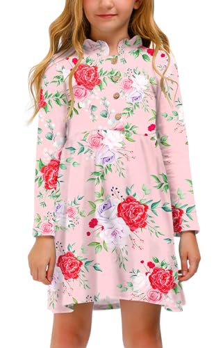 Mädchen Lässig Kleid mit Knopf Rüsche Kragen Langarm A-Linie Midikleid Rosa und Blumen 110 von BesserBay