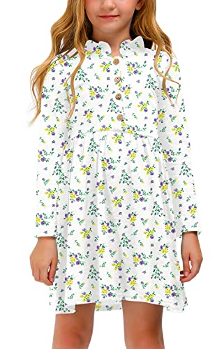 Mädchen Süß Kleid A-Linie Langarm Rüsche Kragen Freizeitkleid mit Knopf Weiß Kleine Blume 130 von BesserBay