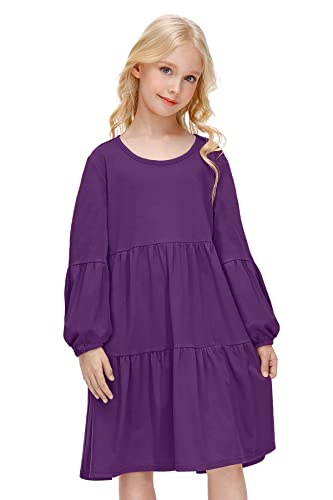 BesserBay Mädchen Kleid Langarm Kleider Kleid T-Shirt Kleid Langarm Freizeitkleid Frühling Winter Rundhals mit Falten Violett 140 von BesserBay