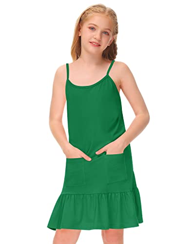 BesserBay Mädchen Kleider für Kinder Sommer Kleid Einschulung Spaghettiträgern Rüschensaum Knielang Grün Zwei Taschen 130 von BesserBay
