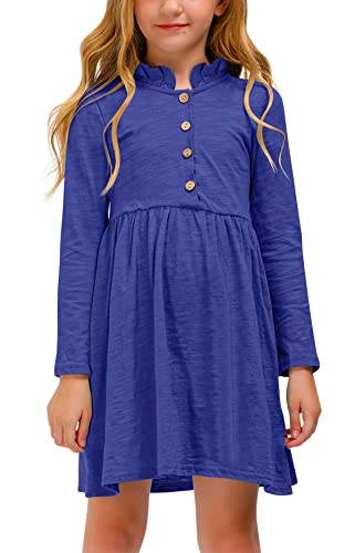 Mädchen Winter Kleid mit Knopf A-Linie Langarm Rüsche Kragen Midikleid Blau 130 von BesserBay