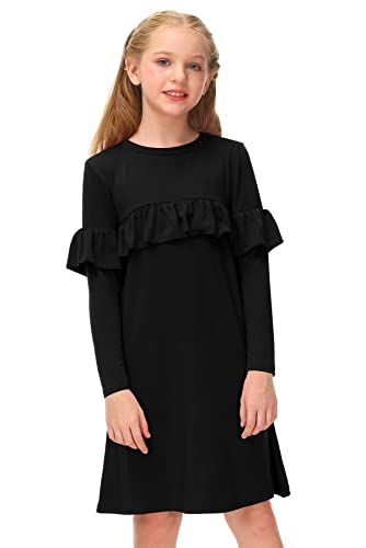 BesserBay Langarm Kinderkleid Schulkleidung Kleid Mädchen mit Ruffle Herbst Rundhals Ruffle Herbst Kleider Mädchen Langarm/Schwarz 110 von BesserBay