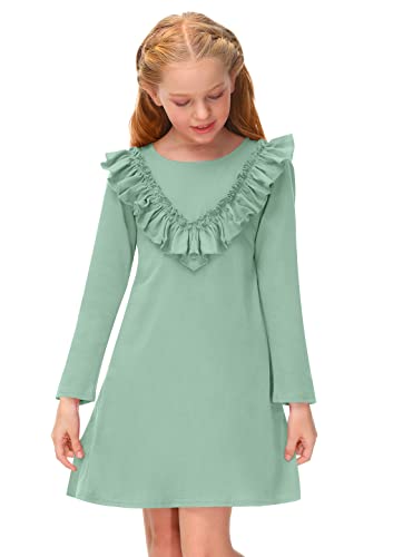 BesserBay Mädchen Langarm Kleid A-Linie Freizeit Kleid Süße Kleid Einfarbig Freizeitkleid Kinder Herbst Winter Rundhals mit Ruffle Grün 140 von BesserBay