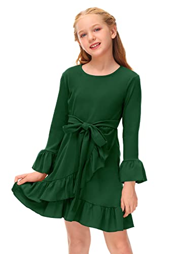 BesserBay Mädchen Langarm Kleid Einfarbig Freizeitkleid Sweet Basic Midikleid Herbst A-Linie Rundhals Kleidung mit Ruffle Grün 120 von BesserBay