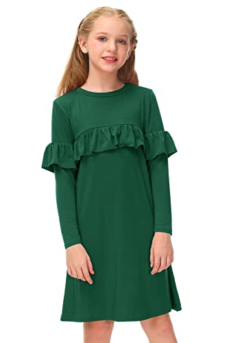 BesserBay Rundhals Schulkleidung Kinderkleid Prinzessin Kleid Mädchen Baumwolle Kleid Langarm Herbst Kleid Mädchen mit Ruffle Langarm/Dunkelgrün 110 von BesserBay