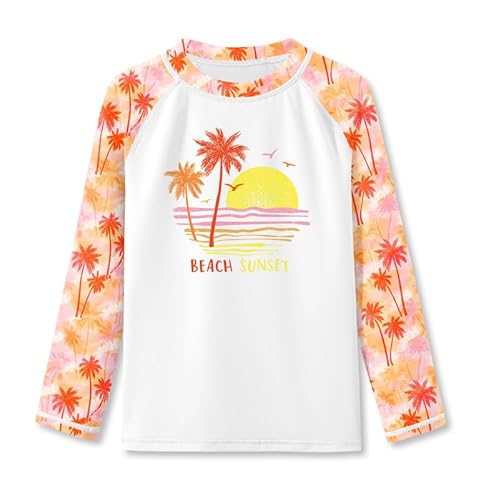 BesserBay Mädchen Kinder Badeshirt UV Shirt UPF 50+ Sonnenschutz Rundhals Weiß Orange Langarm Rash Guard 110 von BesserBay