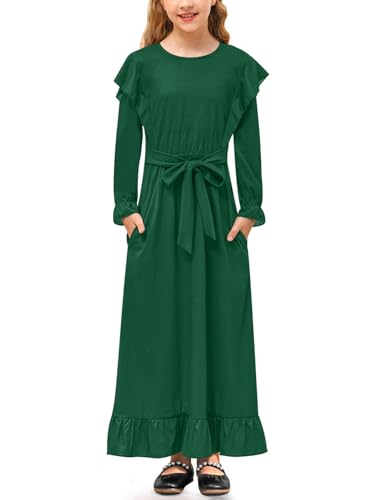 Mädchen Herbst Kleid A-Linie Ruffle Langarm Freizeitkleid mit Gürtel und Taschen Grün 160 von BesserBay