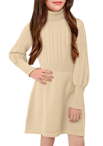 BesserBay Mädchen Rollkragen Pullover Kleid Elegant Strickkleid Langarm Tunika Abendkleider Winter Beige 120 von BesserBay