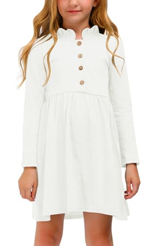 Mädchen Winter Kleid mit Knopf Rüsche Kragen Langarm A-Linie Midikleid Weiß 140 von BesserBay