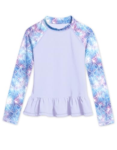 BesserBay Mädchen Schwimmshirt Badebekleidung UV Shirt Rüschensaum Sonnenschutz Lila Langarm Rash Guard 130 von BesserBay