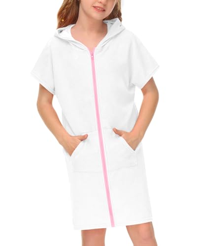 BesserBay Mädchen Strand Schwimmen Badeponcho Taschen mit Kapuze Reißverschluss Unisex Surf Poncho Weiß 140 von BesserBay