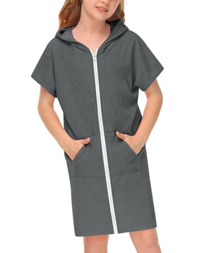 BesserBay Mädchen Strand Schwimmen Badeponcho Unisex Reißverschluss mit Kapuze Taschen Surf Poncho Grau 140 von BesserBay