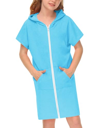 BesserBay Mädchen Strandponcho Handtuch Badeponcho Reißverschluss Taschen mit Kapuze Unisex Surf Poncho Blau 130 von BesserBay