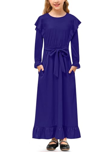BesserBay Mädchen Süß Kleid Langarm mit Ruffle Herbst Maxikleid mit Gürtel und Taschen Blau 120 von BesserBay