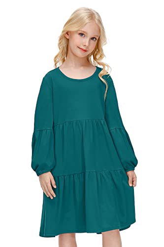 BesserBay Mädchen T-Shirt Kleid Langarm Kleid A-Linie Grün Kleid Einfarbig Freizeitkleid Kinder Rundhals mit Falten für Herbst 130 von BesserBay