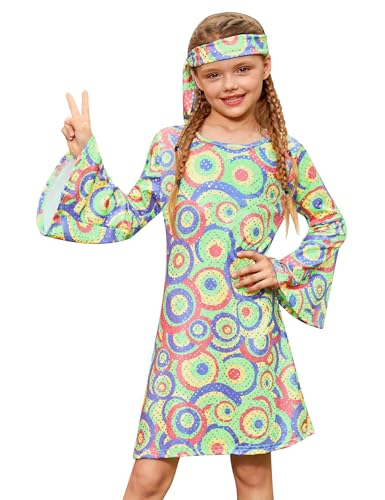 BesserBay Mädchen Trompetenärmel Kleid 70er Jahre Hippie mit Stirnband Grün 140 von BesserBay