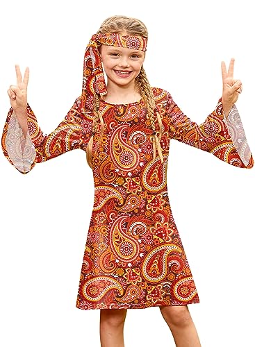 BesserBay Mädchen Trompetenärmel Kleid 70er Jahre Hippie mit Stirnband Orange 140 von BesserBay