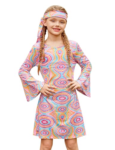 BesserBay Mädchen Trompetenärmel Kleid 70er Jahre Hippie mit Stirnband Violett 140 von BesserBay