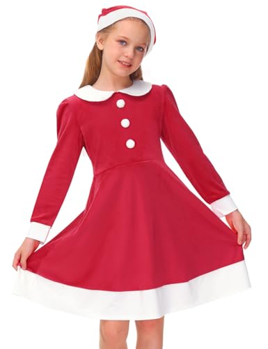 BesserBay Weihnachten Mädchen Weihnachtskleid Swing Kleid Puppenkragen Prinzessin A-Linie Freizeitkleid Rot 130 von BesserBay