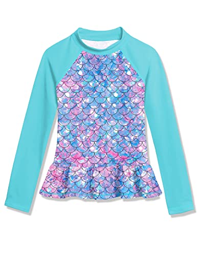 BesserBay Mädchen Badeanzug Druck UV Shirt Langarm Rüschensaum Blau UPF 50+ Sonnenschutz Rash Guard 110 von BesserBay