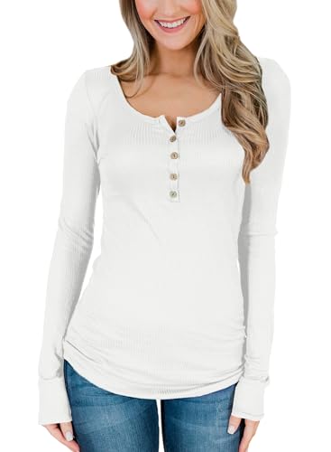 Damen Herbst Freizeit Henley Shirt Rundhalsausschnitt mit Knöpfen Elegant Langarmshirt Weiß XL von BesserBay