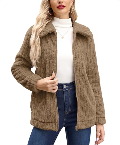 BesserBay Ohne Kapuze Damen Teddyfleece Teddyfleece Jacke Damen Fleecejacke Damen Teddyfleece Schick Längsstreifen-Khaki L von BesserBay