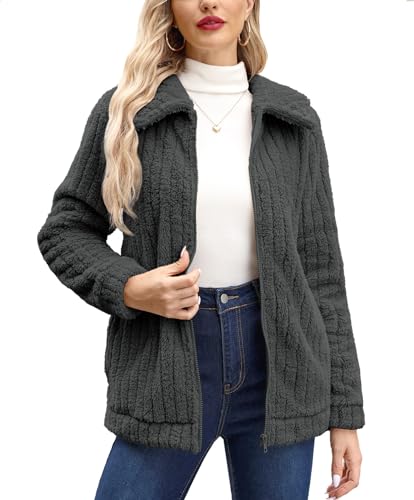 BesserBay Ohne Kapuze Fleecejacke Damen Teddyfleece Schick Winter Warm Teddy Jacke Damen Teddyfleece Schick Längsstreifen-Grau S von BesserBay