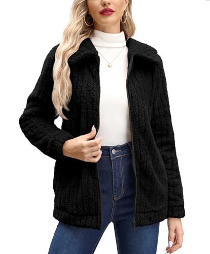 BesserBay Ohne Kapuze Teddy Jacke Damen Teddyfleece Schick Winter Warm Teddyfleece Jacke Damen Teddyfleece Schick Längsstreifen-Schwarz M von BesserBay