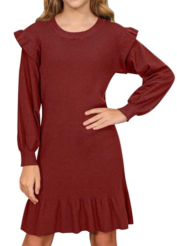 BesserBay Pullover Kleid Bequem Abendkleider Kleider Mädchen Puffärmel Pulloverbündchen Rundhalsausschnitt Kleid Mädchen Rot 130 von BesserBay