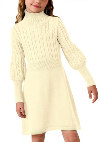 BesserBay Pullover Kleid Bequem Abendkleider Kleider Mädchen Rolleragen Pulloverbündchen Kabel Strick Kleid Mädchen Beige 130 von BesserBay