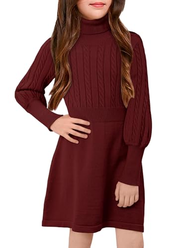 BesserBay Pullover Kleid Volantärmel Rolleragen Strickkleid Mädchen Pulloverbündchen Abendkleider Kleider Mädchen Rot 150 von BesserBay