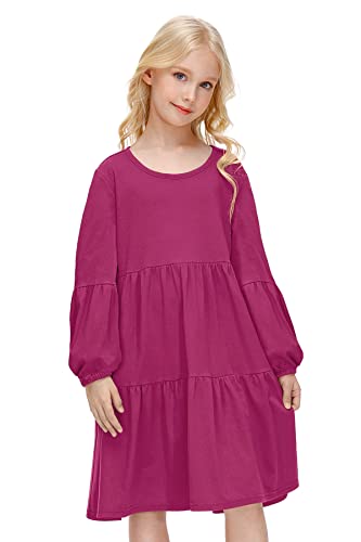 BesserBay Rosenrot A-Linie Freizeit Kleid Langarm Kleid T-Shirt Kleid Einfarbig Freizeitkleid Kinder Herbst Winter Rundhals mit Falten 120 von BesserBay