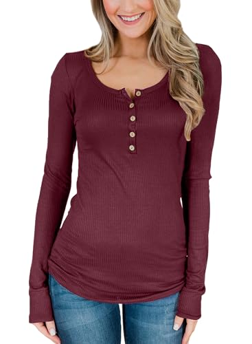 Damen Herbst Freizeit Henley Shirt mit Knöpfen Rundhalsausschnitt Elegant Langarmshirt Burgundy XL von BesserBay