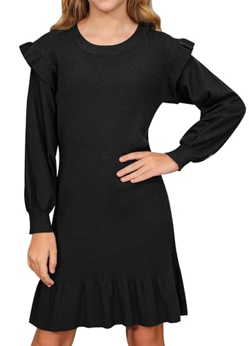 BesserBay Rüsche Abendkleider Winter Kleider Mädchen Rundhalsausschnitt Bequem Puffärmel Kleid Mädchen Schwarz 130 von BesserBay