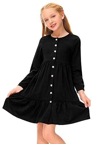 BesserBay Baumwolle Musselin Kleid Kinderkleider Mädchen Prinzessin Kleider Für Mädchen Schulkleidung Mit Knöpfen Kleider Für Mädchen Schwarz 120 von BesserBay