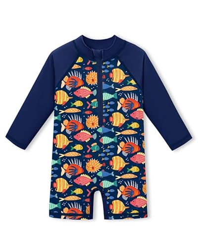 Baby Langarm UV Shirt mit Reißverschluss UPF 50+ Rundhals Badebekleidung Navy blau & Fisch 0-6 Monate von BesserBay