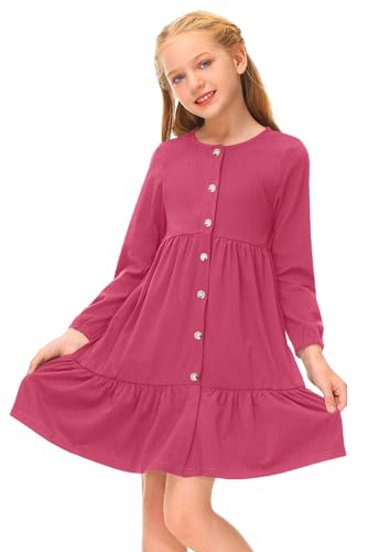 BesserBay Schulkleidung Kinderkleider Mädchen Baumwolle Musselin Kleid Herbst Kleider Mädchen Mit Knöpfen Prinzessin Kleider Für Mädchen Rot 130 von BesserBay