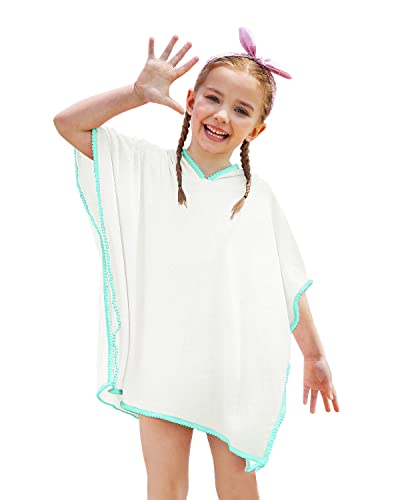 BesserBay Strandkleid Kinder Mädchen Girl Schwimm Handtuch Poncho Frottee Badeponcho Coverup Weiß Blau 120 von BesserBay