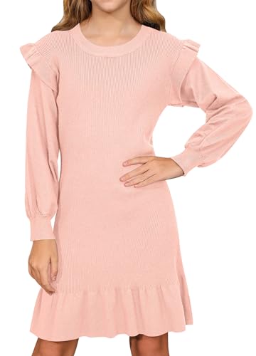 BesserBay Volantärmel Pulloverbündchen Rundhalsausschnitt Kleider Mädchen Rüsche Puffärmel Pulloverbündchen Rosa 150 von BesserBay