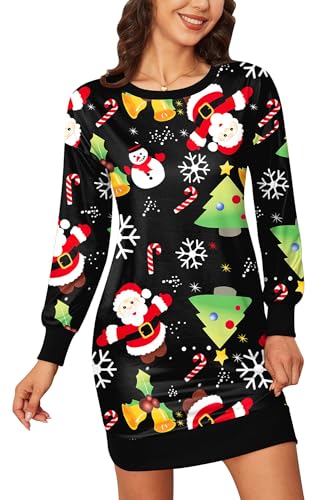 BesserBay Weihnachten Damen Freizeitkleid Langarm Rundhals Lustige Christmas Midikleid Weihnachtsbaum XXL von BesserBay